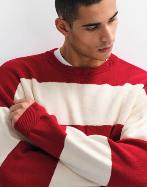 ASOS DESIGN - Oversized gebreide gestreepte trui in rood en ecru - view 1