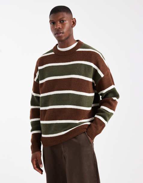 ASOS DESIGN - Oversized gebreide gestreepte trui met ronde hals in groen en bruin - view 1