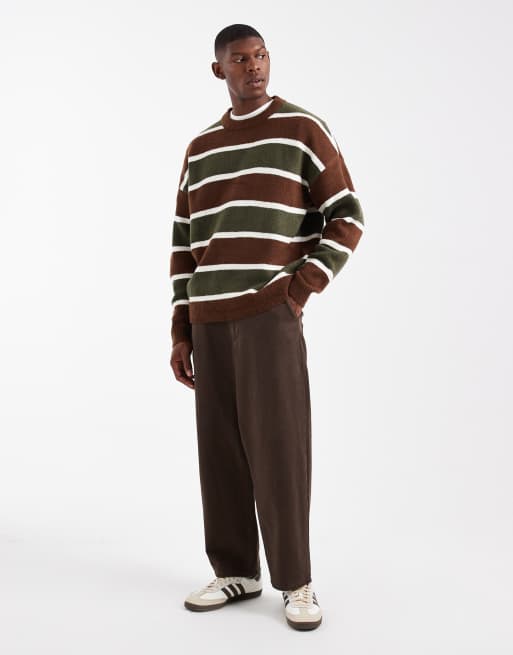 ASOS DESIGN - Oversized gebreide gestreepte trui met ronde hals in groen en bruin, 2 van 5