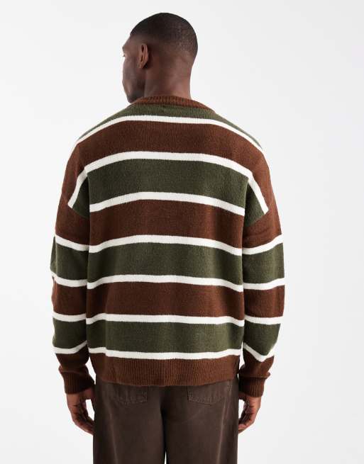 ASOS DESIGN - Oversized gebreide gestreepte trui met ronde hals in groen en bruin, 3 van 5