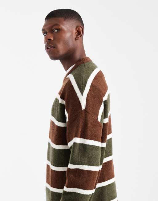 ASOS DESIGN - Oversized gebreide gestreepte trui met ronde hals in groen en bruin, 4 van 5