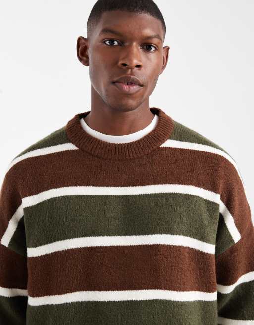 ASOS DESIGN - Oversized gebreide gestreepte trui met ronde hals in groen en bruin, 5 van 5