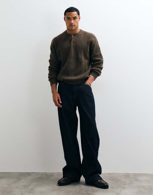 ASOS DESIGN oversized gebreide henley in bruin, 3 van 5