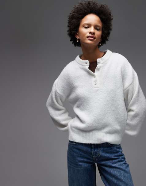 ASOS DESIGN - Oversized gebreide henley-trui met wol in ecru - view 1