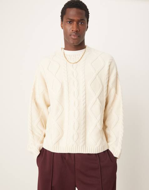 ASOS DESIGN - Oversized gebreide kabeltrui van zware wolmix met ronde halslijn in lichtbeige - view 1