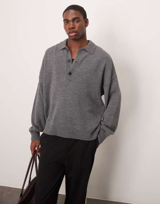 ASOS DESIGN - Oversized gebreide polo met diepe inkeping in grijs