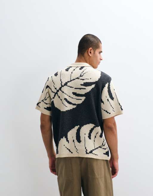 ASOS DESIGN - Oversized gebreide polo met inkeping en bladprint in grijs, 5 van 5