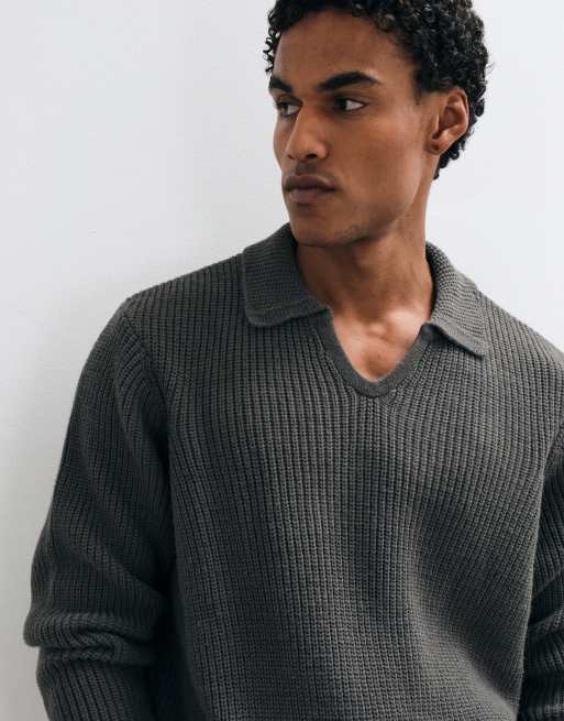 ASOS DESIGN oversized gebreide polo met inkeping in antracietgrijs, 2 van 5