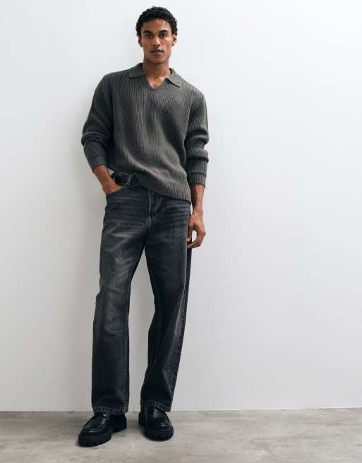 ASOS DESIGN oversized gebreide polo met inkeping in antracietgrijs, 3 van 5
