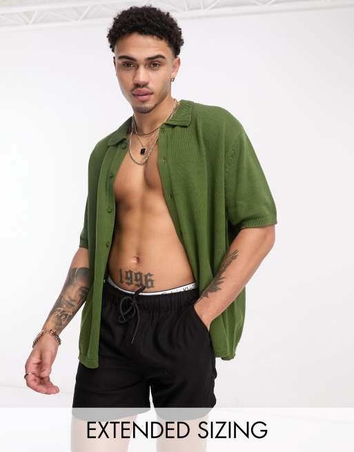 ASOS DESIGN - Oversized gebreide polo met knoopsluiting in groen