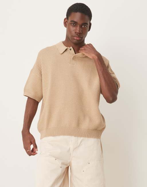 ASOS DESIGN - Oversized gebreide polo met textuur en rechte pasvorm in beige