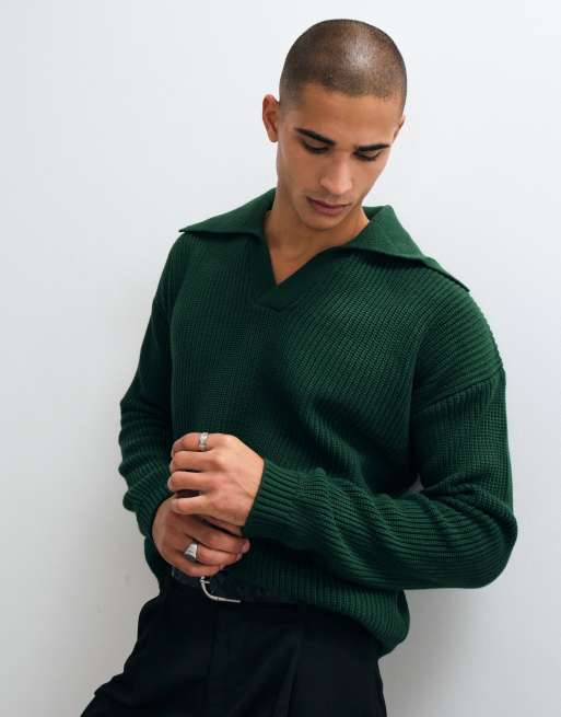 ASOS DESIGN oversized gebreide polo trui met extreem open kraag in bosgroen, 5 van 5