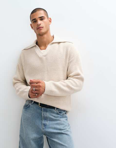 ASOS DESIGN oversized gebreide polo trui met extreem open kraag in ecru - view 1