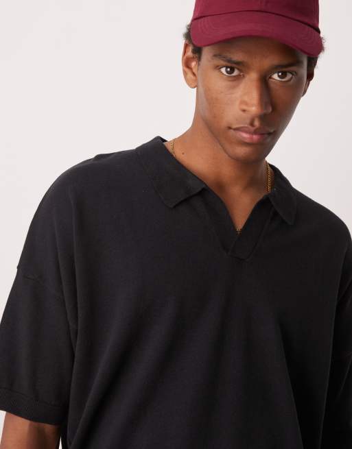 ASOS DESIGN - Oversized gebreide polo van katoen met inkeping bij de hals in zwart , 3 van 4