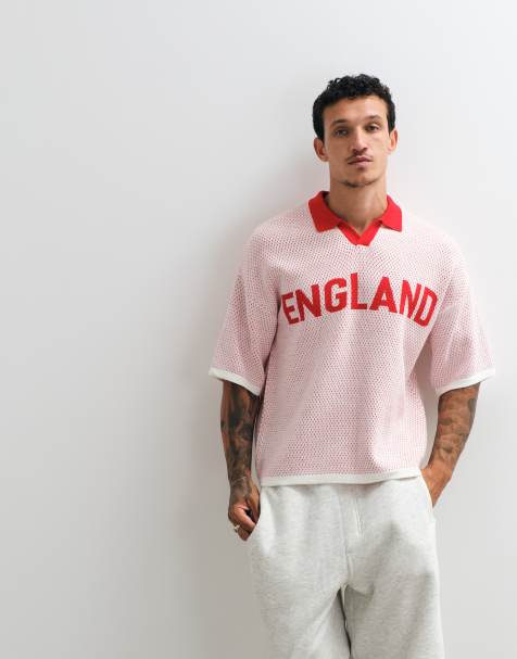 ASOS DESIGN oversized gebreide poloshirt in voetbalstijl met Engeland-opdruk in wit - view 1