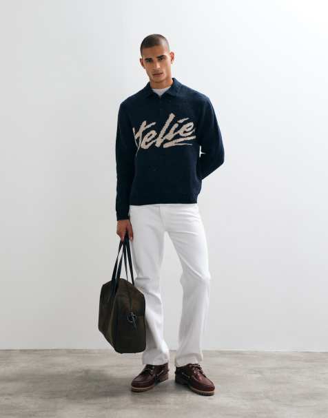 ASOS DESIGN oversized gebreide poloshirt met ateliergraphic in zwart - view 1
