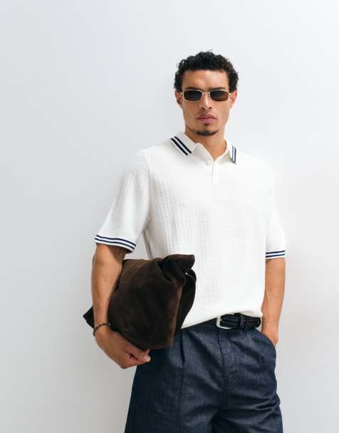 ASOS DESIGN oversized gebreide poloshirt met contrastbies in ecru - view 1