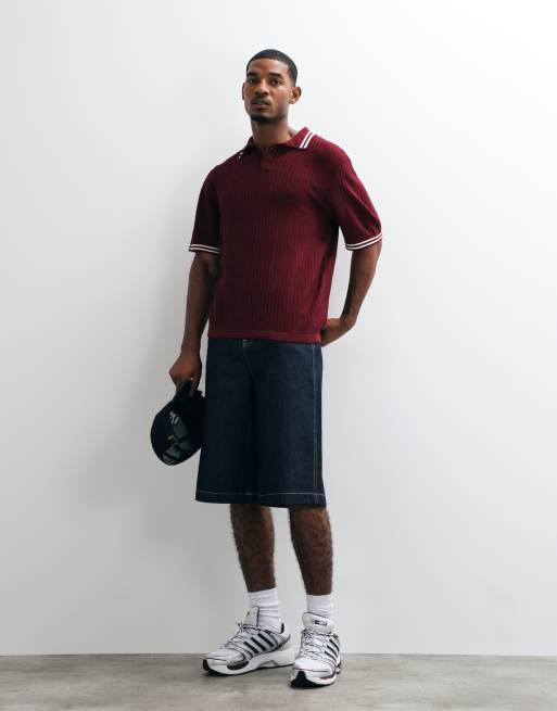 ASOS DESIGN oversized gebreide poloshirt met rode bies in bordeauxrood, 3 van 5