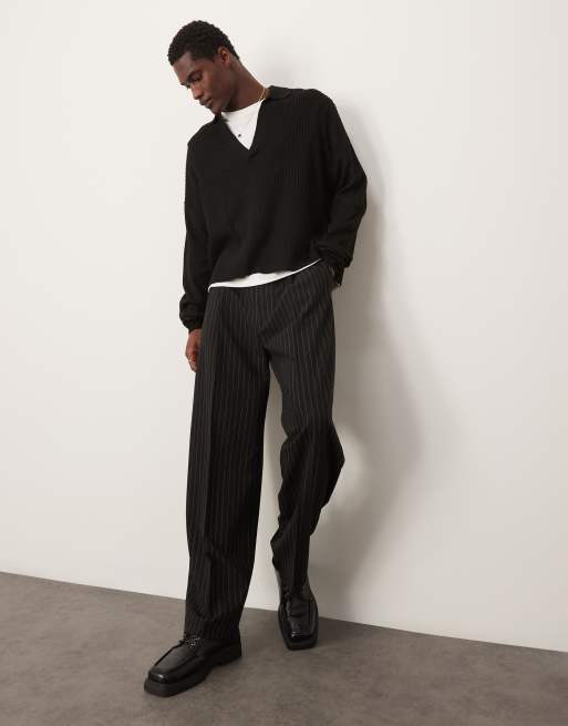 ASOS DESIGN - Oversized gebreide rechte polo met lange mouwen in zwart, 2 van 4