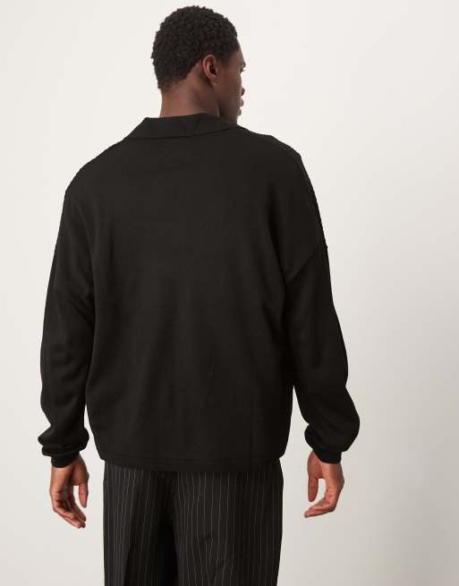 ASOS DESIGN - Oversized gebreide rechte polo met lange mouwen in zwart, 3 van 4