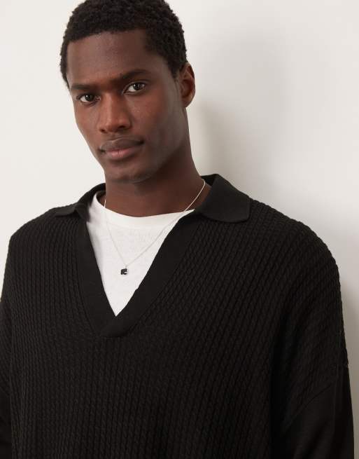 ASOS DESIGN - Oversized gebreide rechte polo met lange mouwen in zwart, 4 van 4