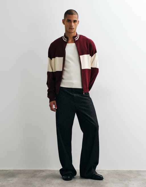 ASOS DESIGN oversized gebreide top met opstaande boord en rits met beige paneeldetail in rood, 2 van 5