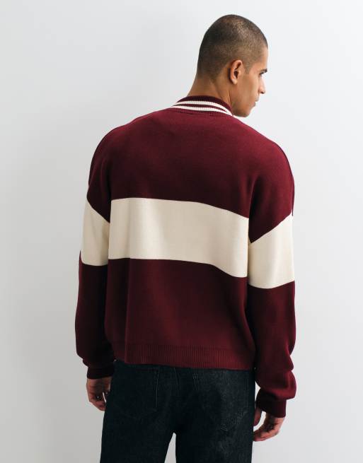 ASOS DESIGN oversized gebreide top met opstaande boord en rits met beige paneeldetail in rood, 3 van 5
