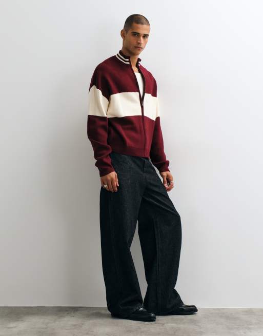ASOS DESIGN oversized gebreide top met opstaande boord en rits met beige paneeldetail in rood, 4 van 5