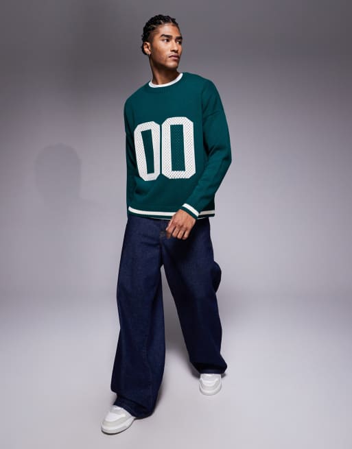 ASOS DESIGN - Oversized gebreide trui met '00' print en textuur in donkergroen, 2 van 5