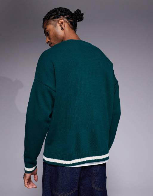 ASOS DESIGN - Oversized gebreide trui met '00' print en textuur in donkergroen, 3 van 5