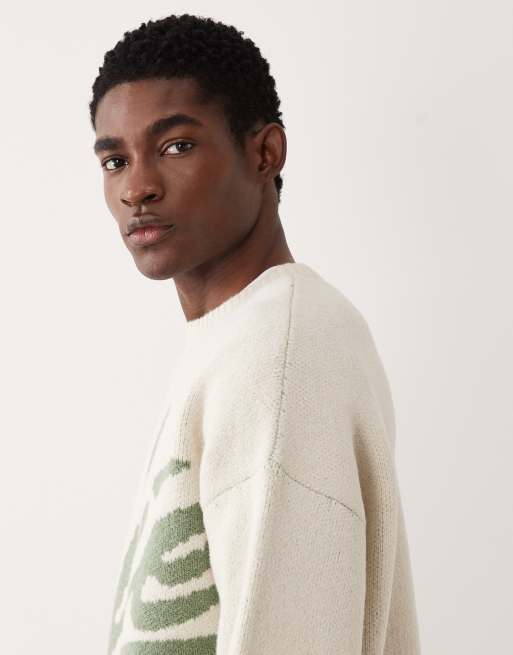 ASOS DESIGN - Oversized gebreide trui met atelier-motief in ecru en saliegroen, 4 van 5