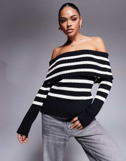 ASOS DESIGN - Oversized gebreide trui met blote schouders in zwart en wit