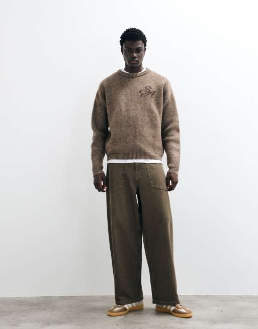 ASOS DESIGN oversized gebreide trui met borduursel in bruin gemêleerd, 3 van 5