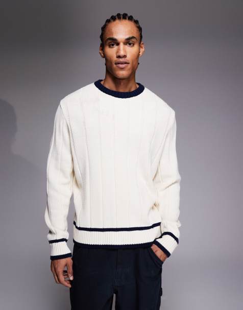 ASOS DESIGN - Oversized gebreide trui met brede ribbels en marineblauwe randen in ecru - view 1