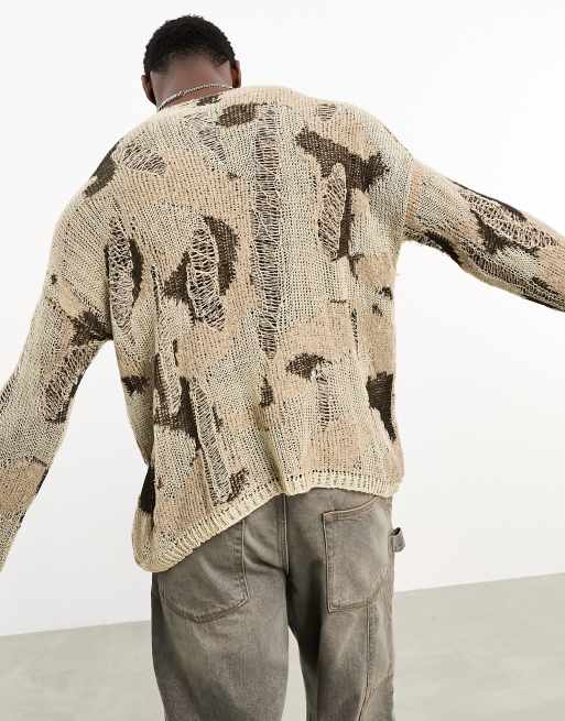 ASOS DESIGN - Oversized gebreide trui met ladders in stone, 3 van 4