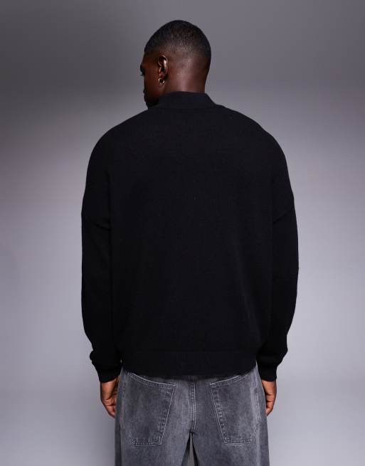 ASOS DESIGN - Oversized gebreide trui met lamswol en korte rits in zwart, 3 van 5