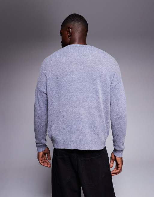 ASOS DESIGN - Oversized gebreide trui met lamswol en ronde hals in gemêleerd grijs, 3 van 5