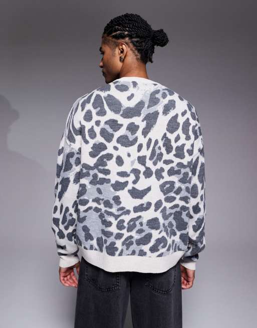 ASOS DESIGN - Oversized gebreide trui met luipaardprint in grijs, 3 van 5