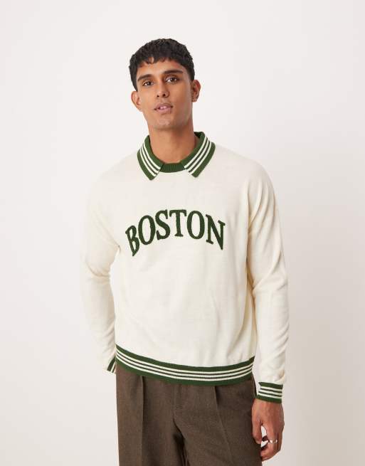 ASOS DESIGN - Oversized gebreide trui met rechte pasvorm, polokraag en varsity tekstprint in crème