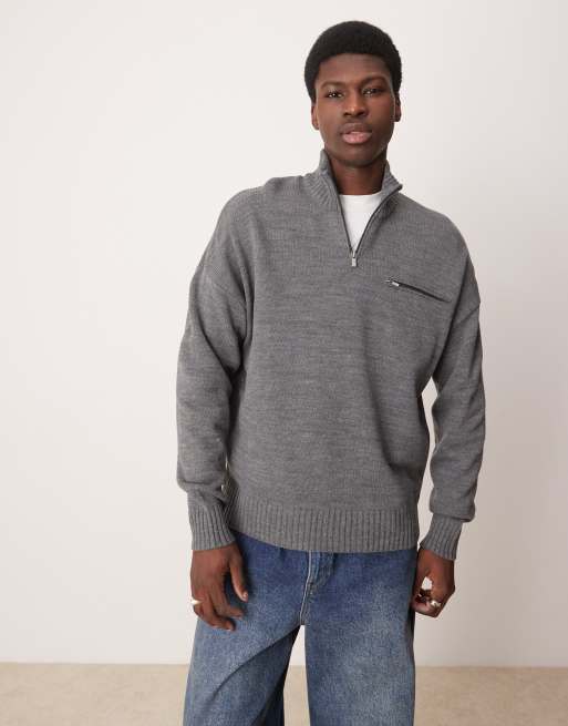 ASOS DESIGN - Oversized gebreide trui met rits en zakje in antracietgrijs