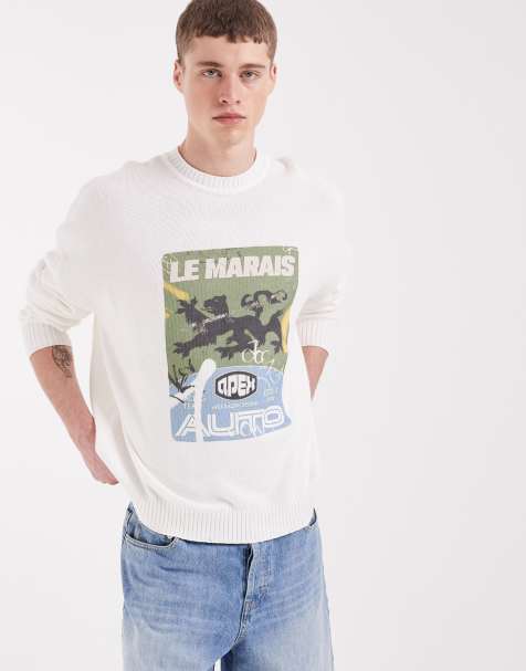 ASOS DESIGN - Oversized gebreide trui met ronde hals en Le Marais-print in ecru - view 1