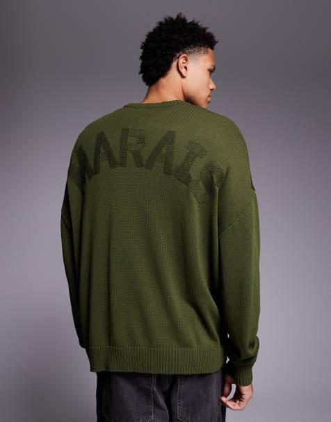 ASOS DESIGN - Oversized gebreide trui met ronde hals en Marais-borduursel op de achterkant in kaki - view 1