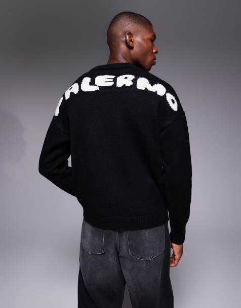 ASOS DESIGN - Oversized gebreide trui met ronde hals en Palermo-print op de achterkant in zwart - view 1