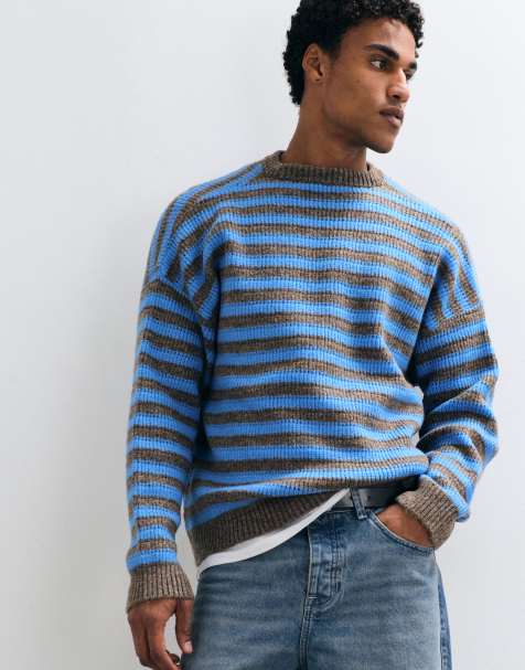 ASOS DESIGN oversized gebreide trui met ronde hals in bruine en blauwe streep - view 1
