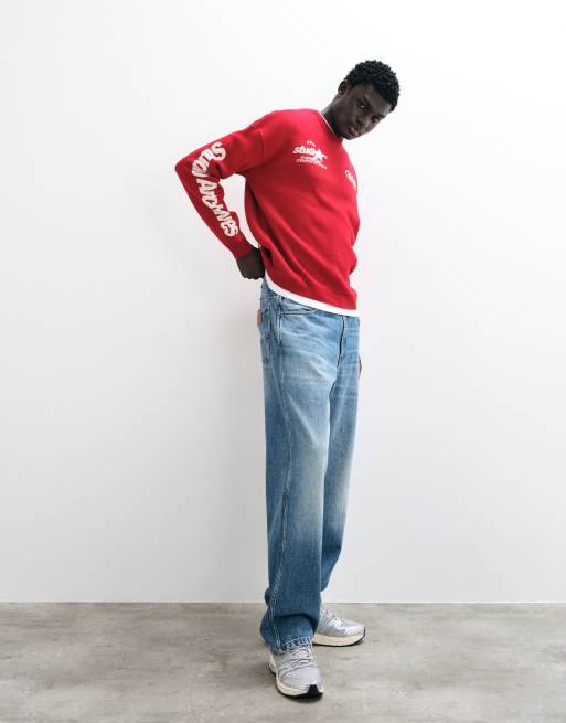ASOS DESIGN oversized gebreide trui met ronde hals in rood met contrasterende print, 3 van 5