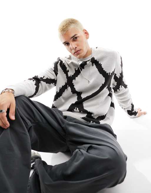 ASOS DESIGN - Oversized gebreide trui met ruitontwerp in grijs 