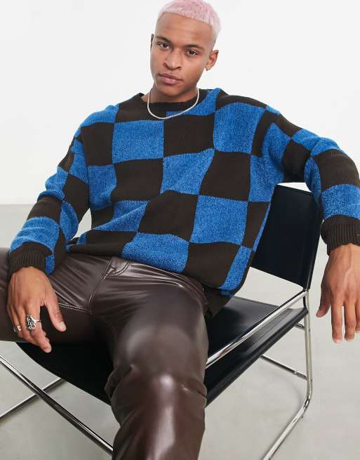 ASOS DESIGN - Oversized gebreide trui met ruitprint in blauw en bruin