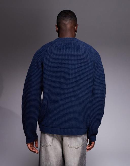 ASOS DESIGN - Oversized gebreide trui met textuur en geweven label in marineblauw, 3 van 5