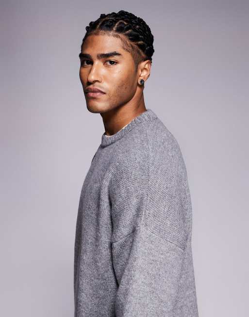 ASOS DESIGN - Oversized gebreide trui met textuur en ronde hals in grijs, 4 van 5