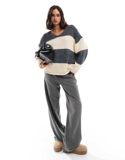 ASOS DESIGN - Oversized gebreide trui met v-hals en strepen